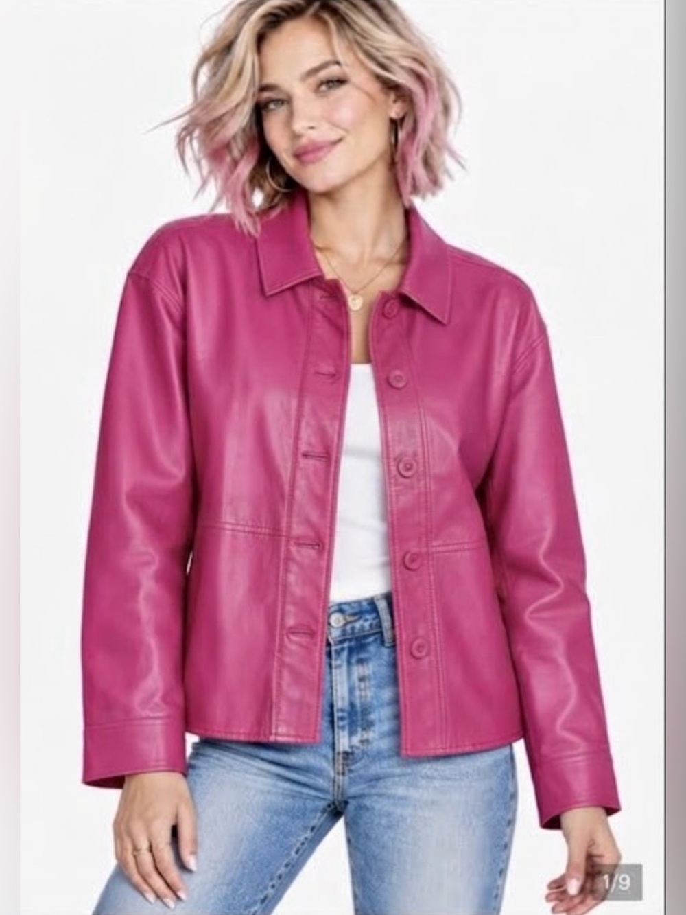 7 For All Mankind Pink Faux Leather Button Down Shacket Jacket Medium M